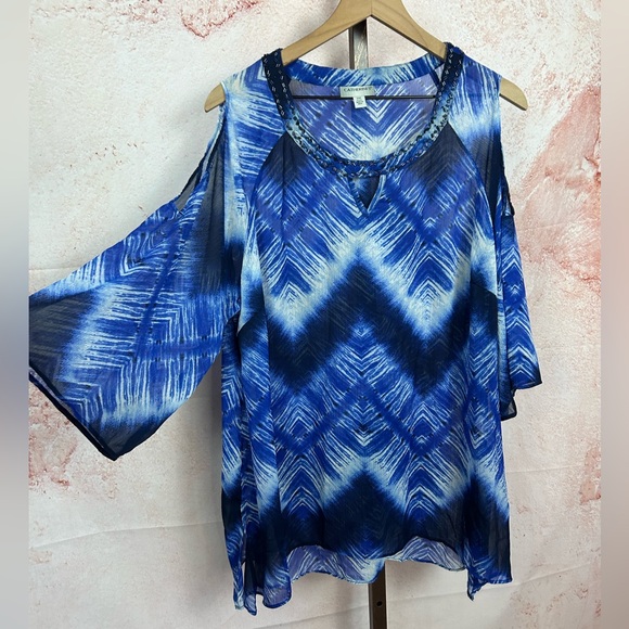 CATHERINES artsy painterly boho top size 1X WP beaded cold shoulder cobalt shirt - Picture 1 of 5